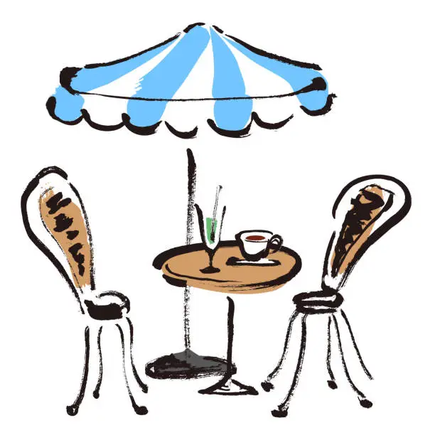 Vector illustration of Hand-drawn illustration of cafe terrace tables and chairs and terrace parasol