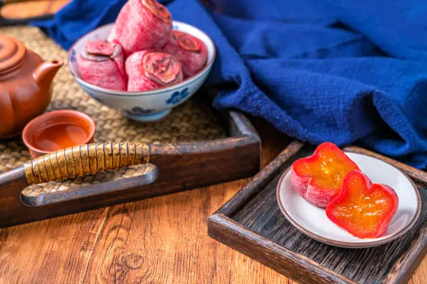 Traditional Chinese food persimmon cakes on marble tabletops