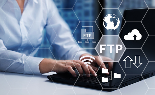 FTP (File Transfer Protocol), SFTP.  Internet cloud technology, exchange information and data storage concept.