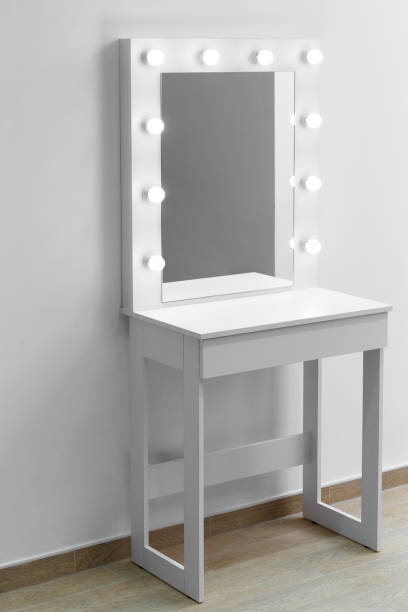 istock Modern white makeup dressing table with mirror and backlight on a white wall close-up. 2017542373