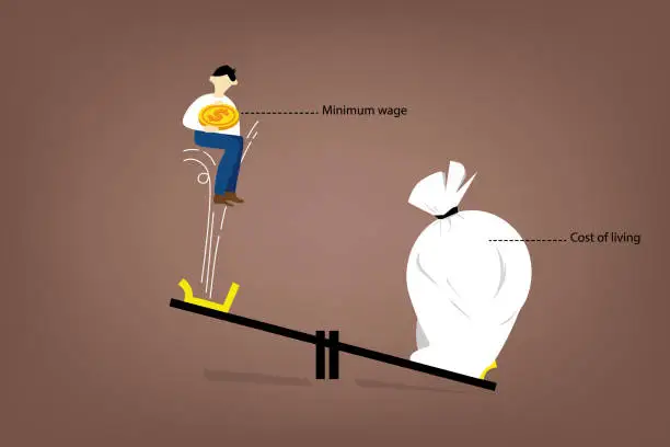 Vector illustration of Most workers receive only the minimum wage required by law, but the cost of living has risen dramatically.