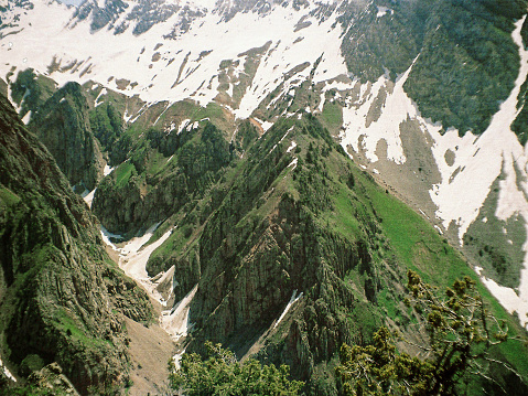 climber's view of the mountain from above from a height of three thousand meters
