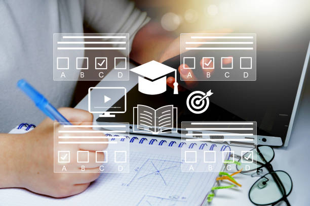 istock E-learning, education, online exam concept. Choose correct answer. Education internet online digital technology concept. 2017552858