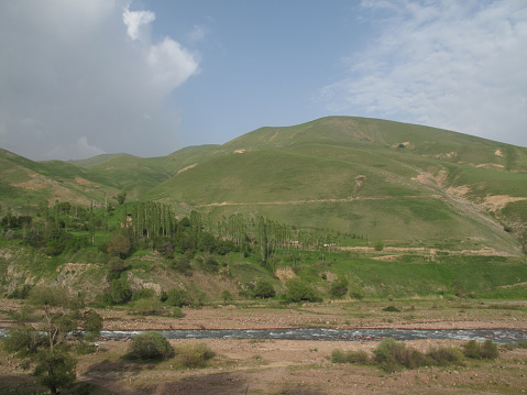 green hills, river, poplar trees in the distance