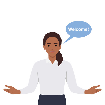 You are welcome. Cheerful woman gesturing welcome sign and smiling while standing. Flat vector illustration isolated on white background