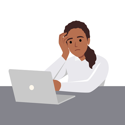 Tired office worker.Professional burnout syndrome.Sad, unhappy woman at workplace with paper document piles vector illustration. Deadline concept. Flat vector illustration