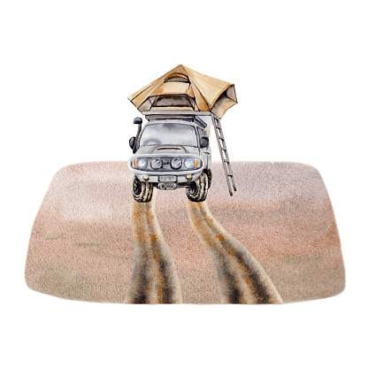 4WD car with roof top tent and ladder. Tyre tracks on sandy dirt road. Design for camping, adventure, tourism, outdoors, 4x4 off-roading, exploring Watercolor illustration isolated on white background