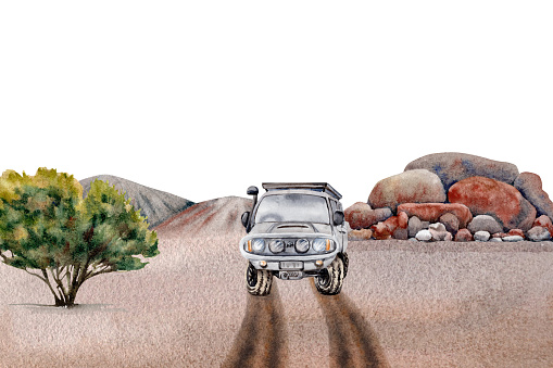 Outback adventure composition with 4WD car, tree, rocks, sand. Landscape card for camping, tourism, outdoors, 4x4 off-roading. Copy space template. Watercolor illustration isolated on white background