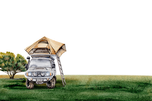Car with roof top tent on grass with a tree. 4WD truck. Camping card design for adventure, tourism, outdoors, 4x4 off-roading. Copy space template. Watercolor illustration isolated on white background