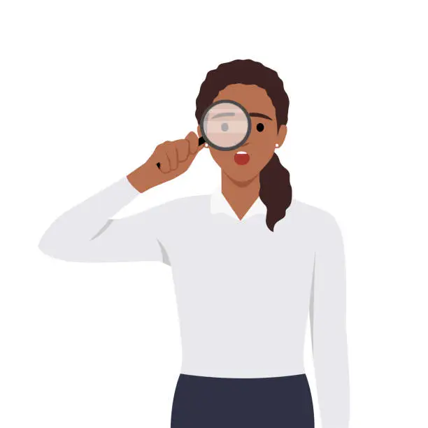 Vector illustration of Young woman using magnifying glass and pointing finger. Searching internet data concept.