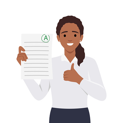Perfect education marks success concept. Smiling happy girl cartoon character standing holding document test in school or university with perfect excellent mark. Flat vector illustration isolated on white background