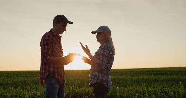 istock Farmers work in the wheat field. Use the tablet. New technologies in agriculture 2017569410