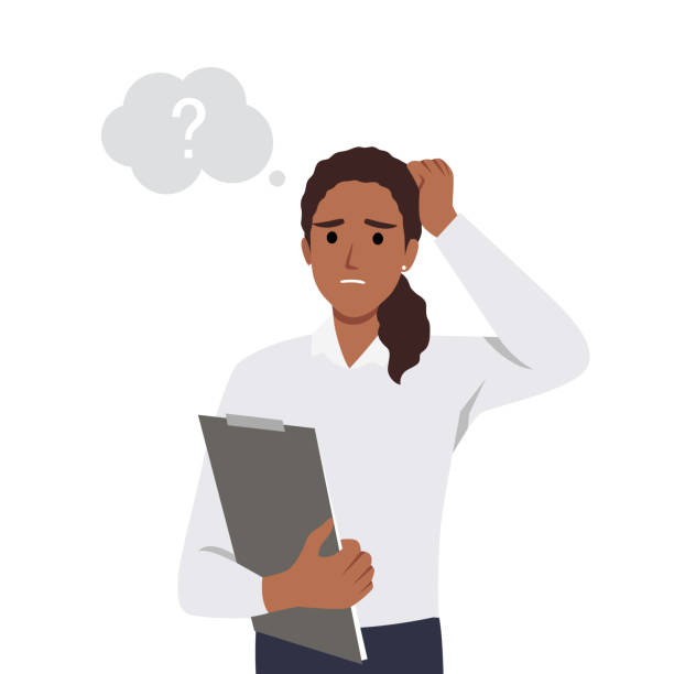 illustrazioni stock, clip art, cartoni animati e icone di tendenza di young woman scratching her head. puzzled girl scraping hair, feeling doubt or hesitating. question and doubt concept holding clipboard, human expression and body language. - african descent question mark holding asking