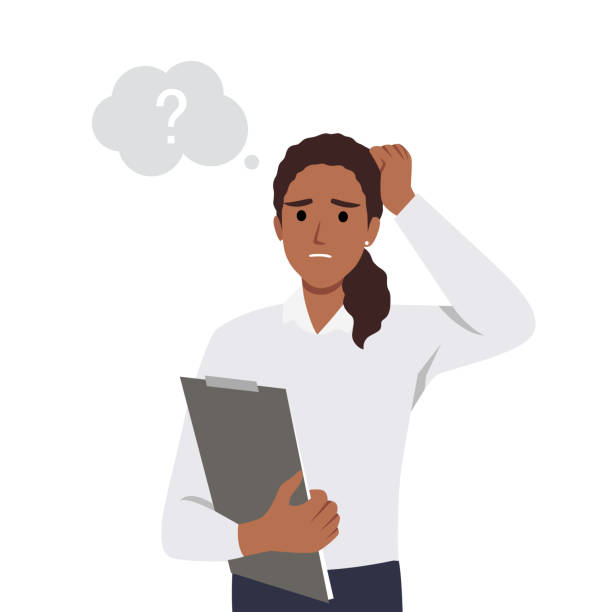 young woman scratching her head. puzzled girl scraping hair, feeling doubt or hesitating. question and doubt concept holding clipboard, human expression and body language. - hesitating stock illustrations