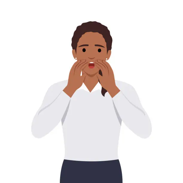 Vector illustration of Young worried woman teenager character standing yelling shouting or screaming with hands on mouth