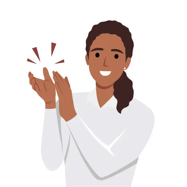 Vector illustration of Young woman clapping hands thanking or showing appreciation at event.