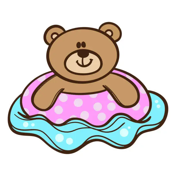 Vector illustration of Funny bear swimming with swim ring cartoon isolated on white