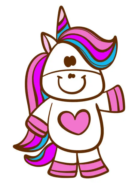 Vector illustration of Cute unicorn standing and waving hand cartoon character isolated on white