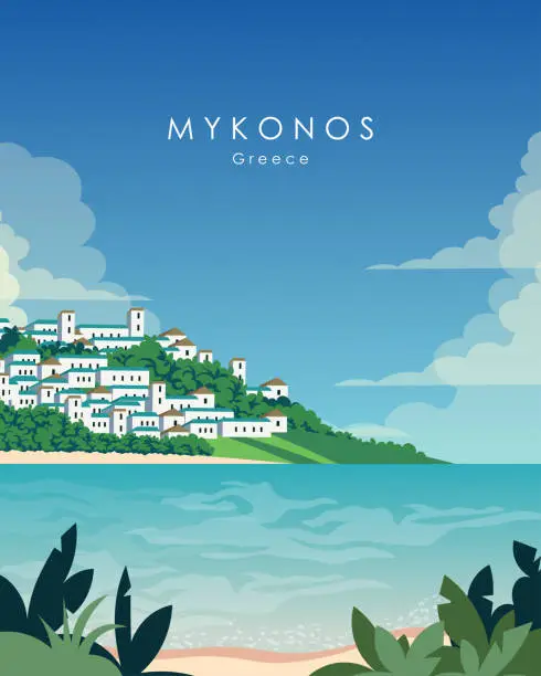 Vector illustration of Mykonos Greece, travel poster, vertical banner, postcard