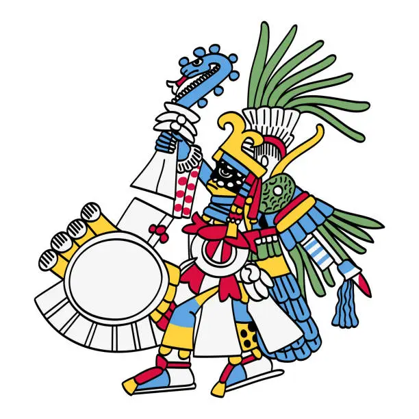 Vector illustration of Huitzilopochtli, patron god of the Aztecs and capital city Tenochtitlan