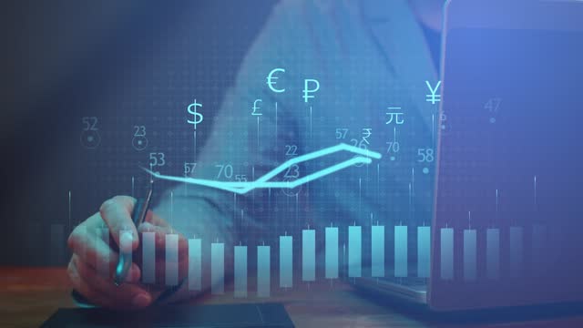 Cg footage Graphs and diagrams with digital indicators are moving against the background of a person working with a tablet and a laptop. Concept of financial analysis and arbitrage of cryptocurrencies