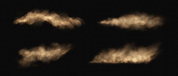 Sand clouds with dust and smoke. Sand clouds with dust and smoke. Realistic vector illustration set of desert storm - flying dirt plumes with mud particles under influence of strong wind. Brown dune sandstorm powder clusters. dust pollution stock illustrations