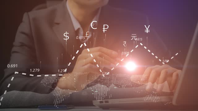 Cg footage about the digitalization of financial activities. Graphs and charts on the background of a businessman with a light point