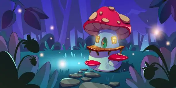 Vector illustration of Gnome mushroom houses in night forest