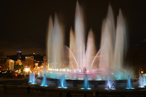 Fantastic show at night time Monjuic magic fountain Barcelona Spain