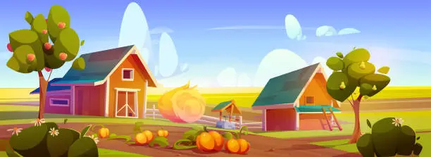 Vector illustration of Village farm with barn and haystack