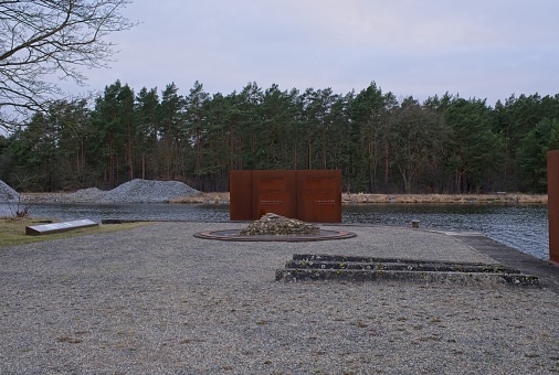 Oranienburg, Germany - Jan 31, 2024: Klinkerwerk camp was the world’s largest brickworks built from the inmates of concentration camp Sachsenhausen. Cloudy winter day. Selective focus