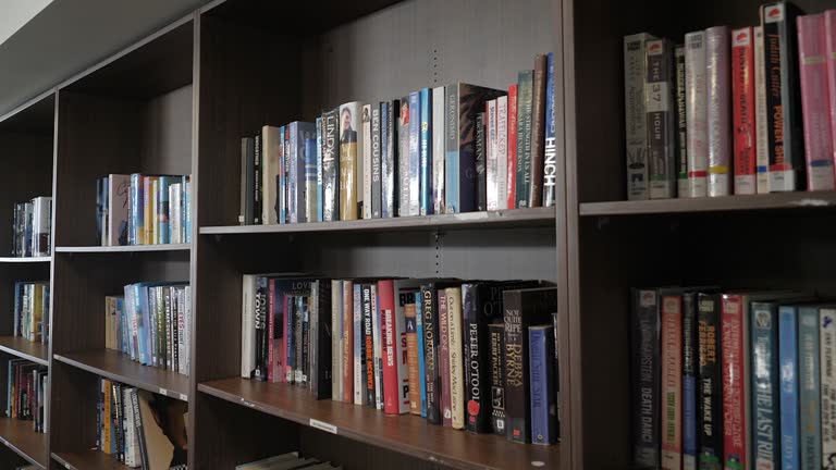 A neatly organised bookshelf filled with dozens of well-read novels arranged alphabetically, a large collection of creative fiction for a reader’s enjoyment.