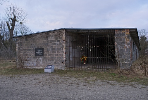 Falkensee, Germany - Feb 1, 2024: In Falkensee the largest satellite camp (Demag Panzerwerke) of the Sachsenhausen concentration camp was located. Cloudy winter day. Selective focus