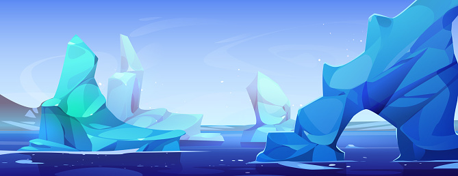 Iceberg pieces floating on sea water. Vector cartoon illustration of antarctic seascape, blue ice blocks and arch floes above cold ocean surface, north pole glacier, winter game landscape design
