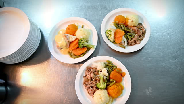 Three freshly served meals in a commercial kitchen. Delicious winter vegetables and fish or beef with sauces and gravy, ready to eat in a hotel restaurant.