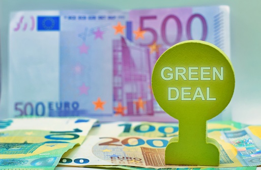 Banknotes with the sign Green Deal The european green deal will be the socioeconomic foundation for the further development of the european union in the 21st century.