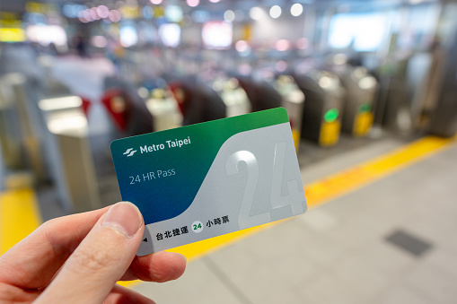Taipei, Taiwan - Feb 14, 2024 : Taipei Metro 24hr Pass. Once activated by scanning at the gates, it is valid for unlimited travel on the Taipei Metro for 24 hours.