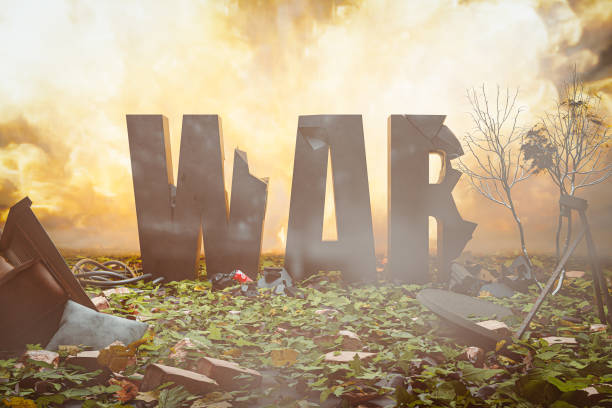 the partially destroyed word war in a destroyed environment before a massive conflagration as a result of an explosion - 3D Illustration