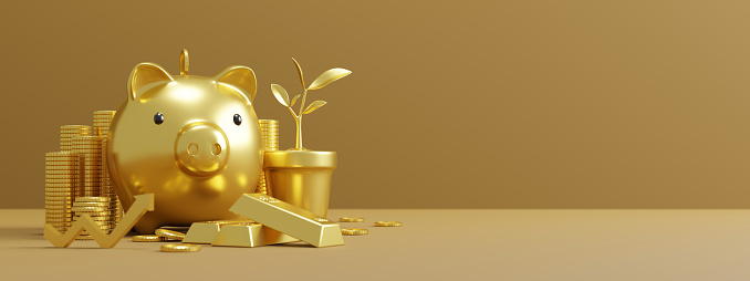Savings and investment concept design of golden piggy bank and gold bars on gold background 3D render
