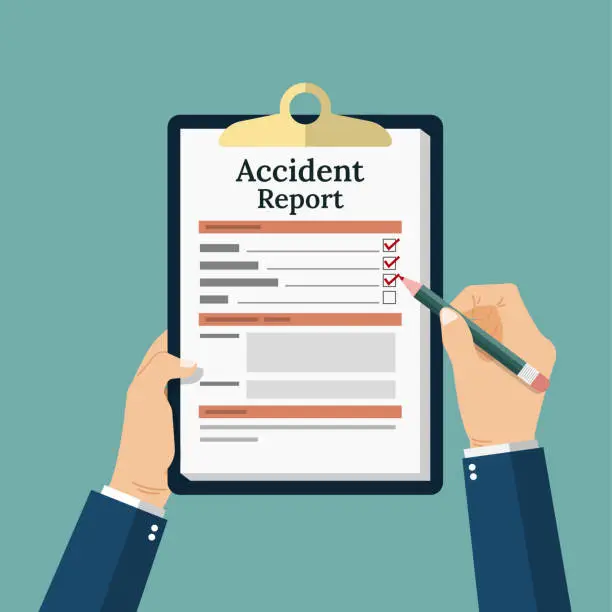 Vector illustration of Accident report form, a man write application form for the document, pencil and clipboard in hand