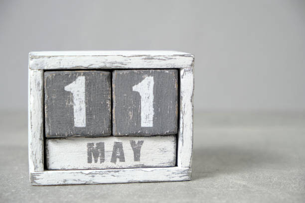 istock May 11 calendar made wooden cubes gray background.With an empty space for your text. 2017753893