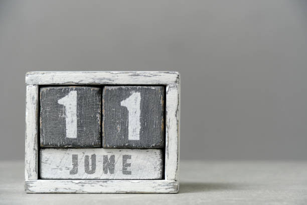 istock Calendar for June 11, made wooden cubes, on gray background.With an empty space for your text. 2017754440