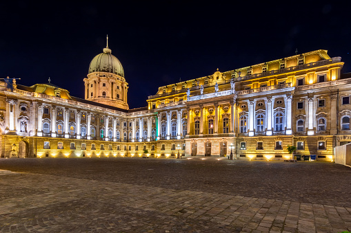 Budapest, Hungary - April 2019: Royal palace of Buda at night