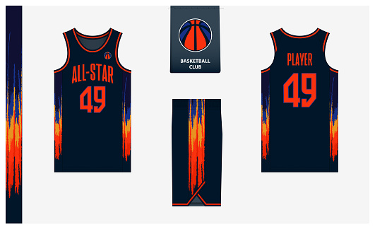 Basketball uniform mockup template design for sport club. Basketball jersey, basketball shorts in front, back view and side view. Basketball logo design. Vector Illustration