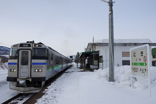 Niki-cho, Hokkaido, Japan - February 17, 2024 : KIHA 201 Local train at the Niki station
