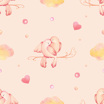 Pastel Seamless Pattern with a Pair of Pink Doves Sitting on a Branch in Clouds. Delicate Background with Hand Drawn Love Birds and Hearts. Romantic Wallpapers with Pigeons. Wrapping. Textile Print