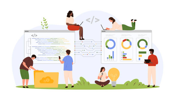 ilustraciones, imágenes clip art, dibujos animados e iconos de stock de desarrollo de software front-end y back-end, programación, codificación y pruebas para personas diminutas - web designer