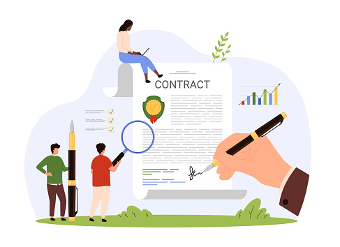 Contract and license inspection, legal document analysis by lawyer team. Tiny people with magnifying glass read and check agreement, hand signing contract with seal cartoon vector illustration