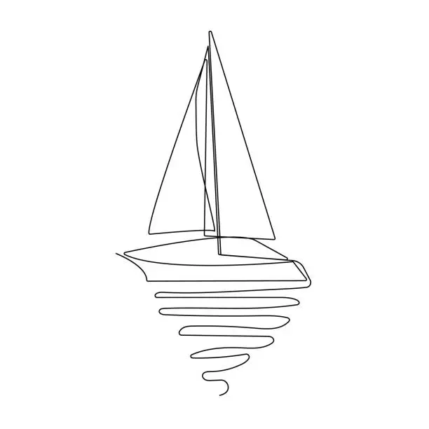 Vector illustration of Sailboat, boat, ship, sea wave. Manual drawing of one continuous line.