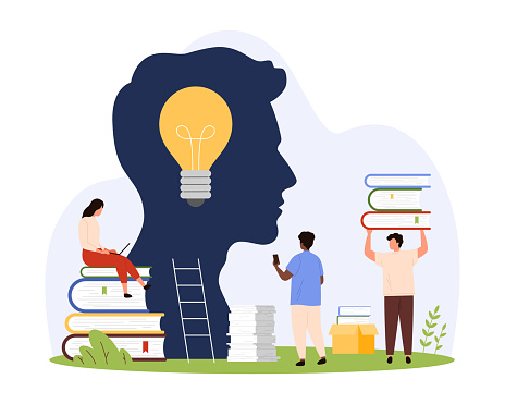 Brain development and growth with knowledge, focus on learning. Tiny people holding books to help to bright light bulb create ideas inside abstract silhouette of male head cartoon vector illustration